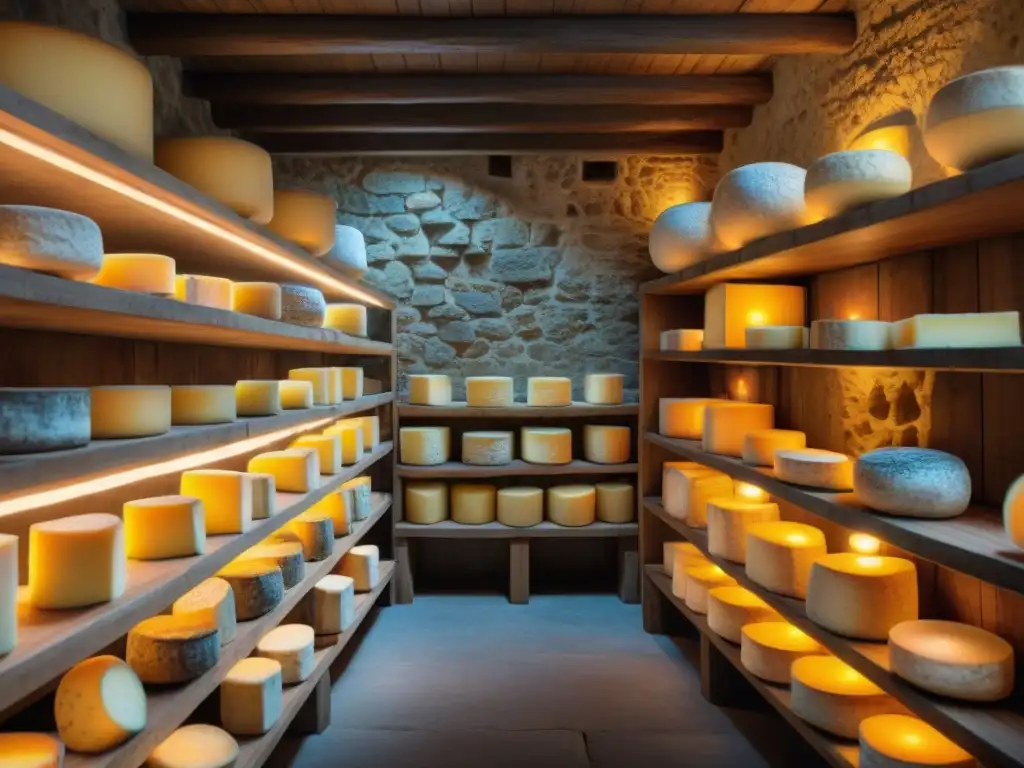 Descubre la historia del queso francés en esta bodega tradicional, con quesos en estantes de madera iluminados suavemente, creando una atmósfera cálida y acogedora, perfecta para compartir en redes sociales