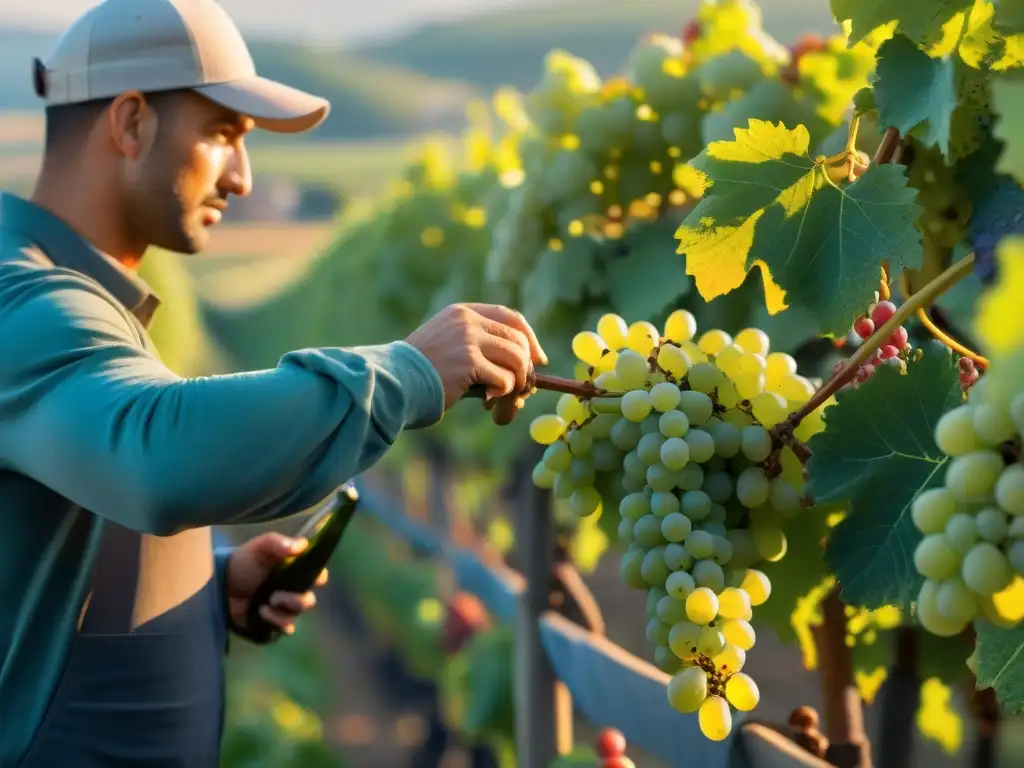 Historia del champán en Francia: Trabajadores cosechando uvas en viñedos de Champagne al atardecer