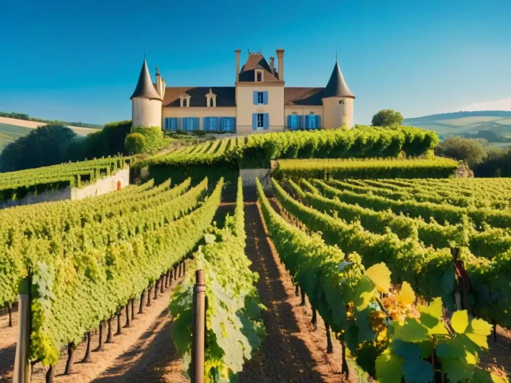 Historia de los vinos franceses en el siglo XIX: viñedo histórico con trabajadores y chateau en Francia