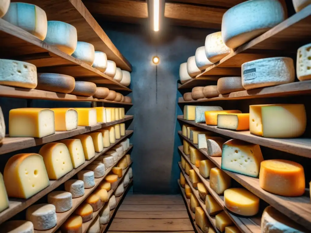 Histórica bodega de queso francés con quesos envejecidos en estantes de madera, iluminación tenue y ambiente rústico