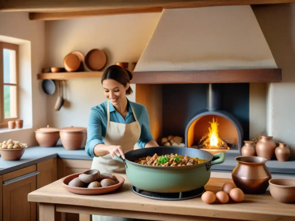 Un hogar normando tradicional con una olla grande de Tripes à la mode de Caen hirviendo