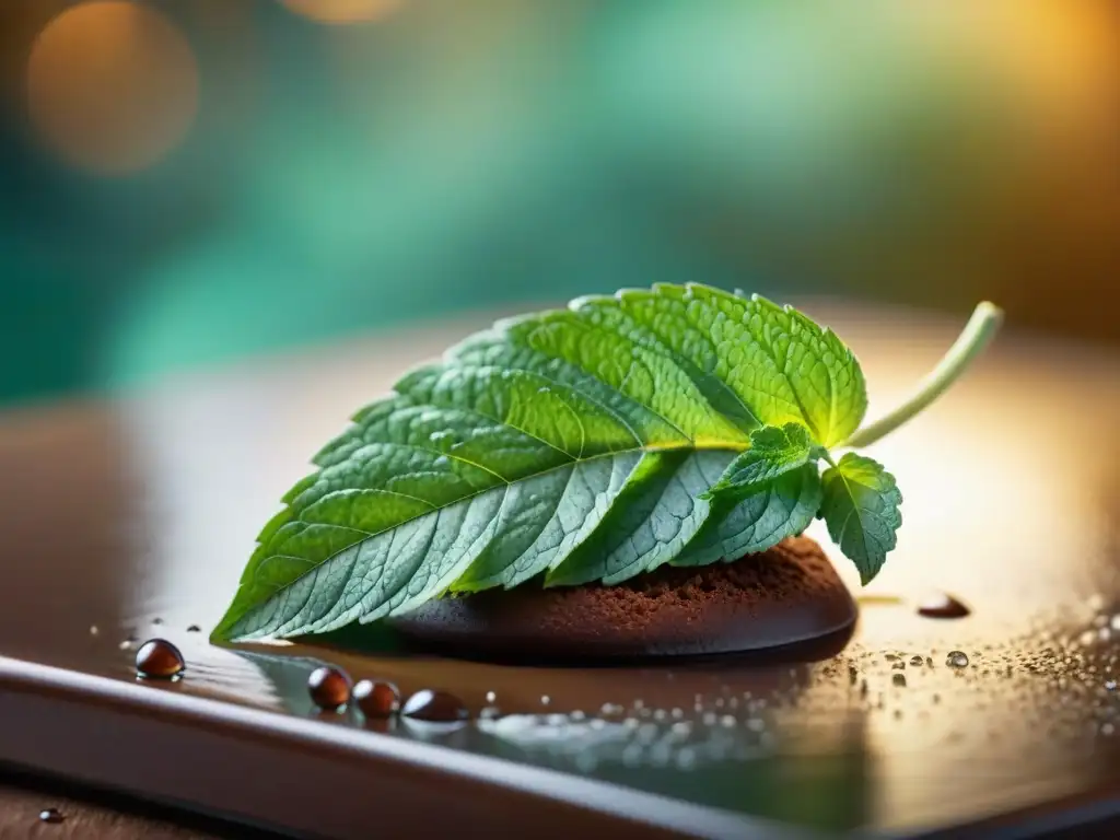 Una hoja de menta fresca sobre un postre de chocolate en una pastelería francesa