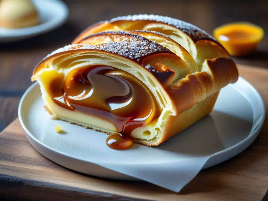 Un Kouignamann recién horneado, con capas doradas y escamosas, bañadas en azúcar caramelizado