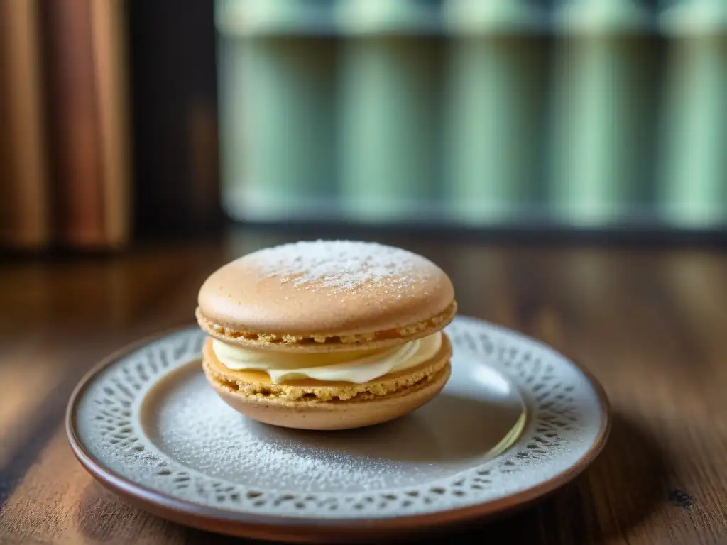 Un macaron francés recién horneado con cáscara de cardamomo, sobre un plato vintage en una cocina de repostería francesa