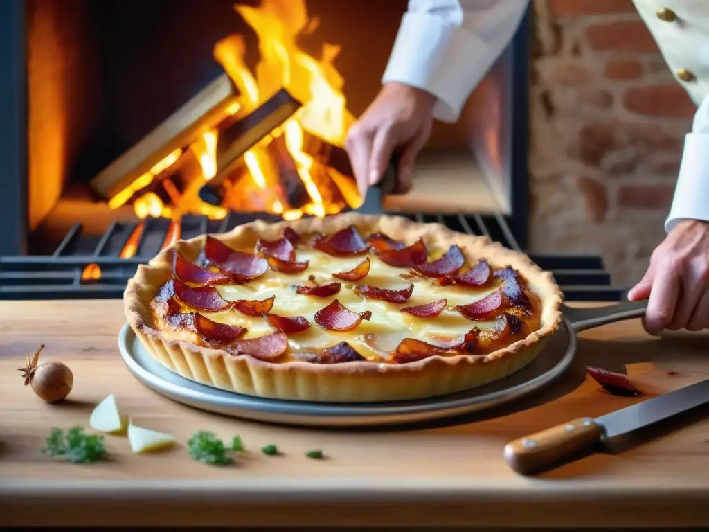 Del horno de leña, una tarte flambée alsaciana recién horneada