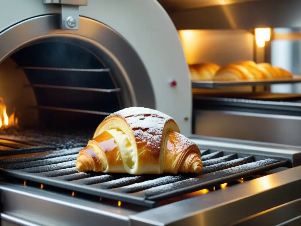 Horno para recetas de pastelería francesa: croissant dorado saliendo de un horno comercial en una bulliciosa pastelería parisina