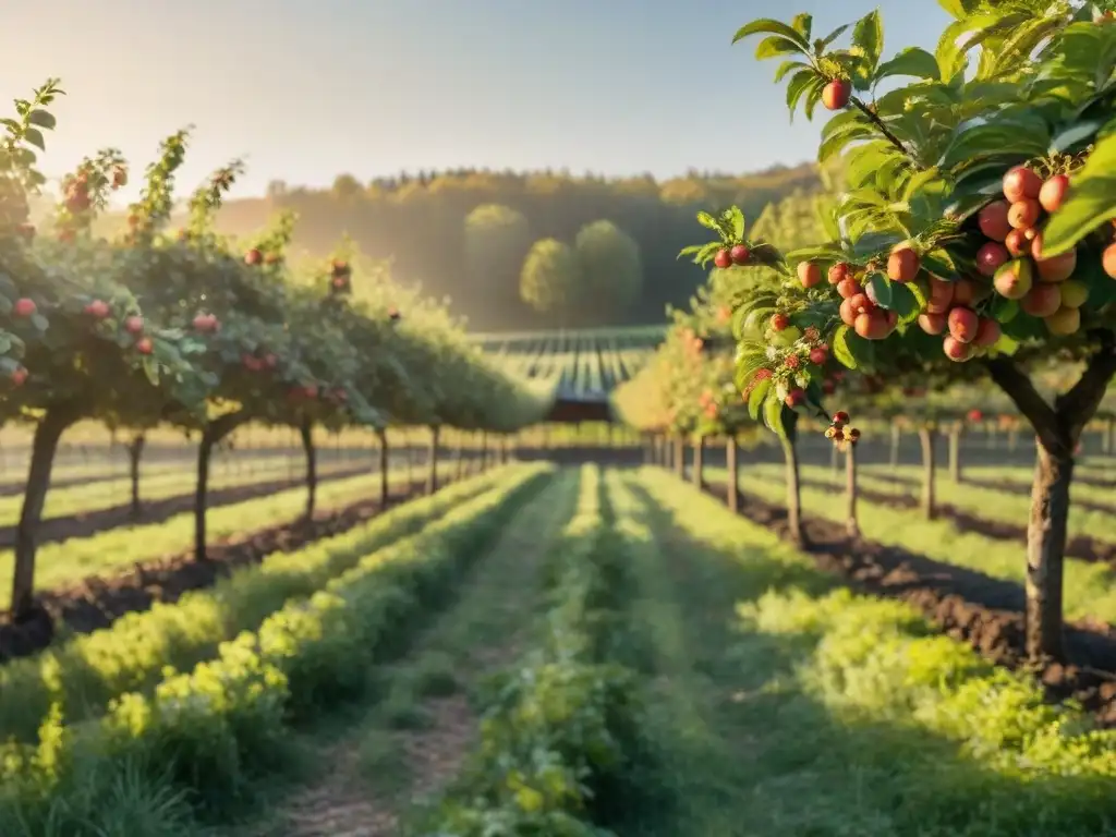 Un huerto francés pintoresco al atardecer dorado, con manzanos cargados de fruta madura y una casa de campo de piedra rústica al fondo