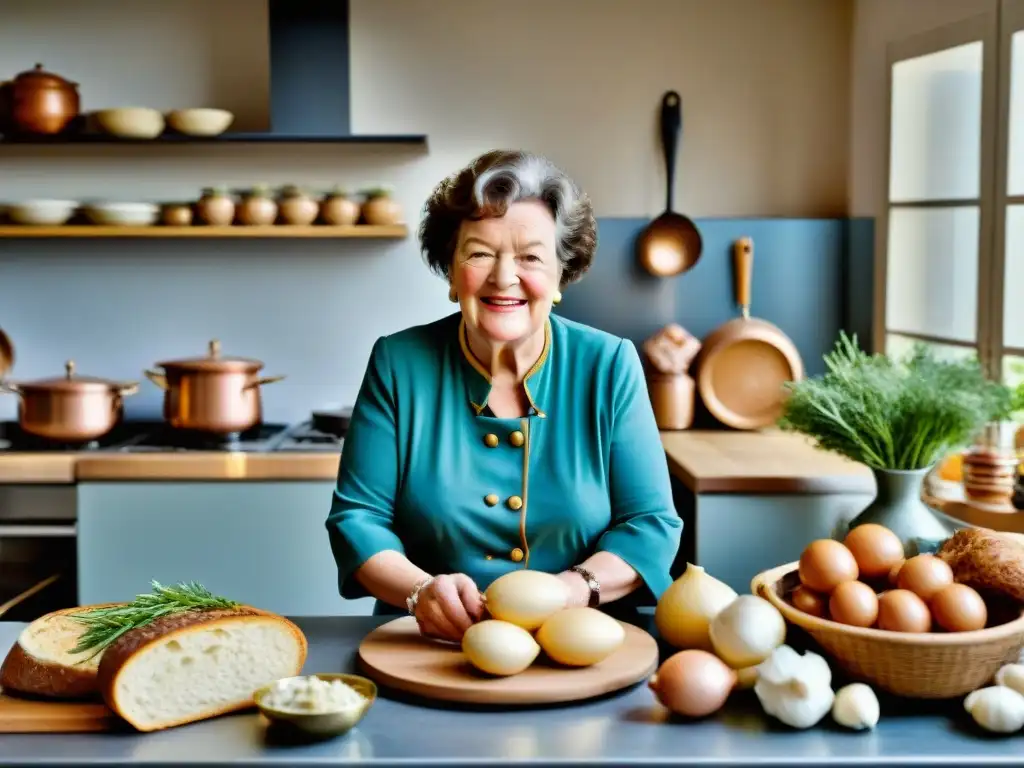 Julia Child en su icónica cocina francesa, demostrando pasión y precisión culinaria