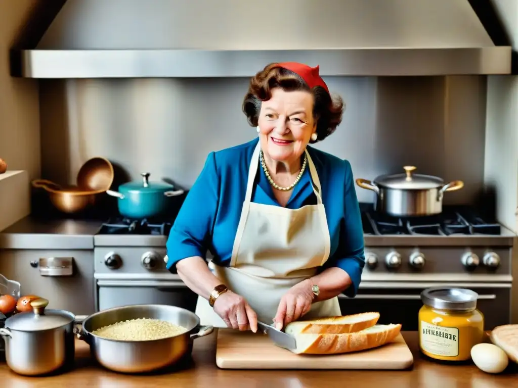 Julia Child en su icónica cocina francesa, con perlas y delantales, cocinando con pasión