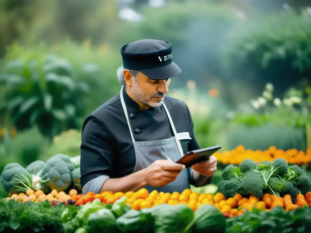 Marc Veyrat en su icónico sombrero negro, en un exuberante jardín botánico, enseñando cocina botánica innovadora a chefs contemporáneos en Francia