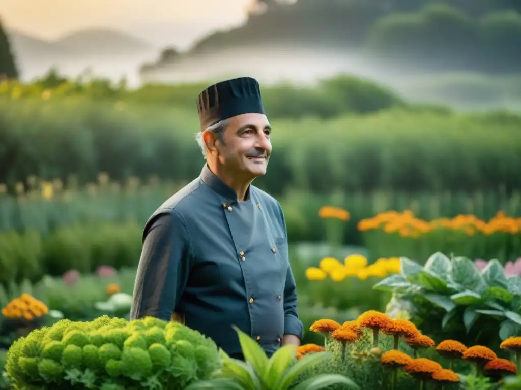 Marc Veyrat, con su icónico sombrero negro, enseña cocina botánica innovadora en Francia, rodeado de plantas vibrantes