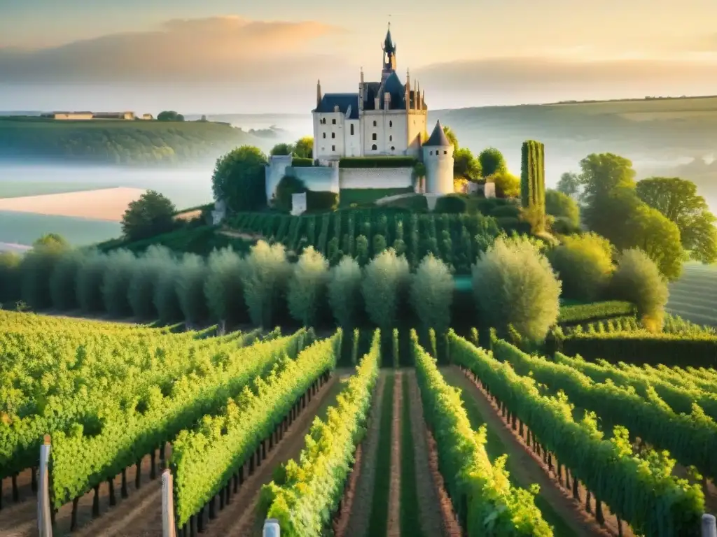 Idílica cosecha de uvas en viñedo de la Loira con castillo medieval al fondo al atardecer