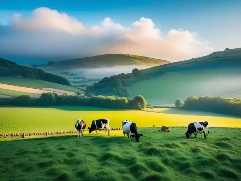 Idílica crianza de animales en libertad en la campiña francesa con vacas felices pastando bajo el cielo azul