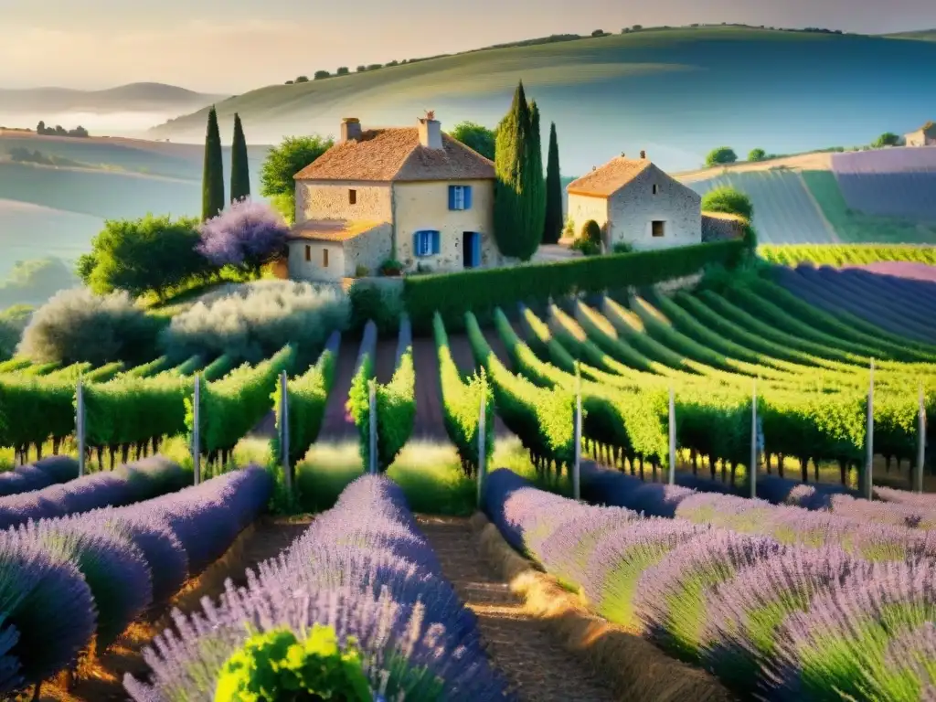 Idílica escena de campo francés con viñedos verdes, granja de piedra y quesos azules franceses envejecidos