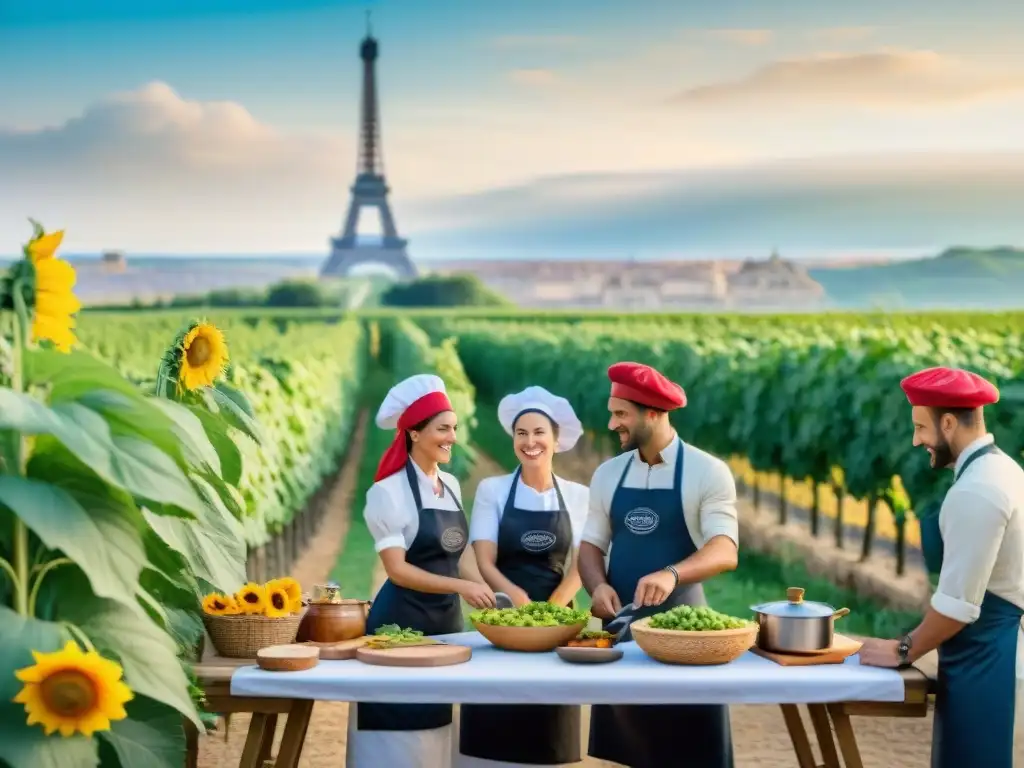 Idílica escena de cursos de cocina en Francia: turistas cocinando entre viñedos, girasoles y una granja de piedra, con la Torre Eiffel al fondo