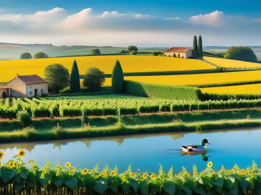 Idílica granja francesa en Gasconia con patos felices en estanque, viñedos y girasoles