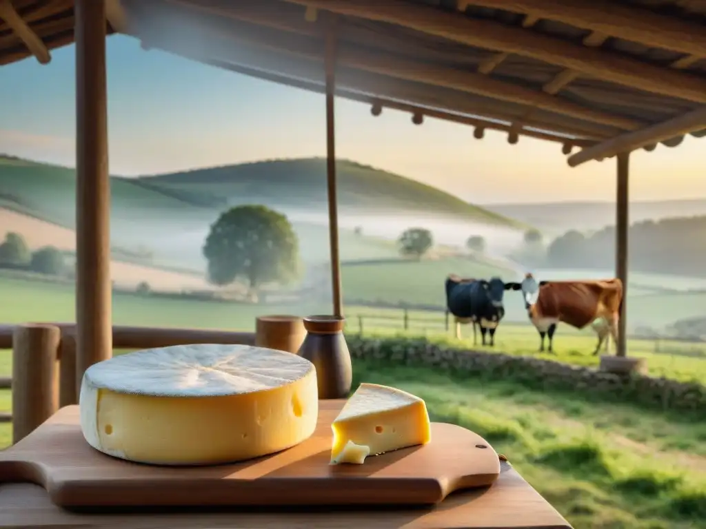 Idílica granja de queso francés al atardecer, con vacas pastando y quesero artesanal, reflejando la historia del queso francés en redes sociales