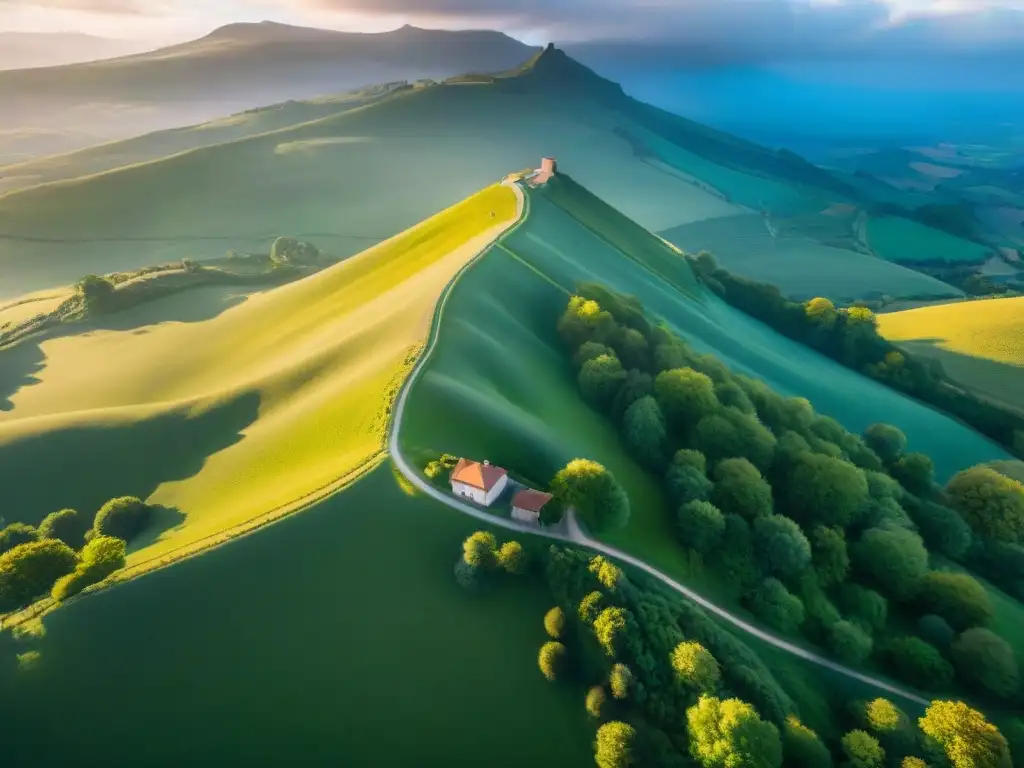 Idílica vista aérea de pastizales verdes en Auvergne con granjas francesas, vacas pastando y montañas volcánicas de fondo