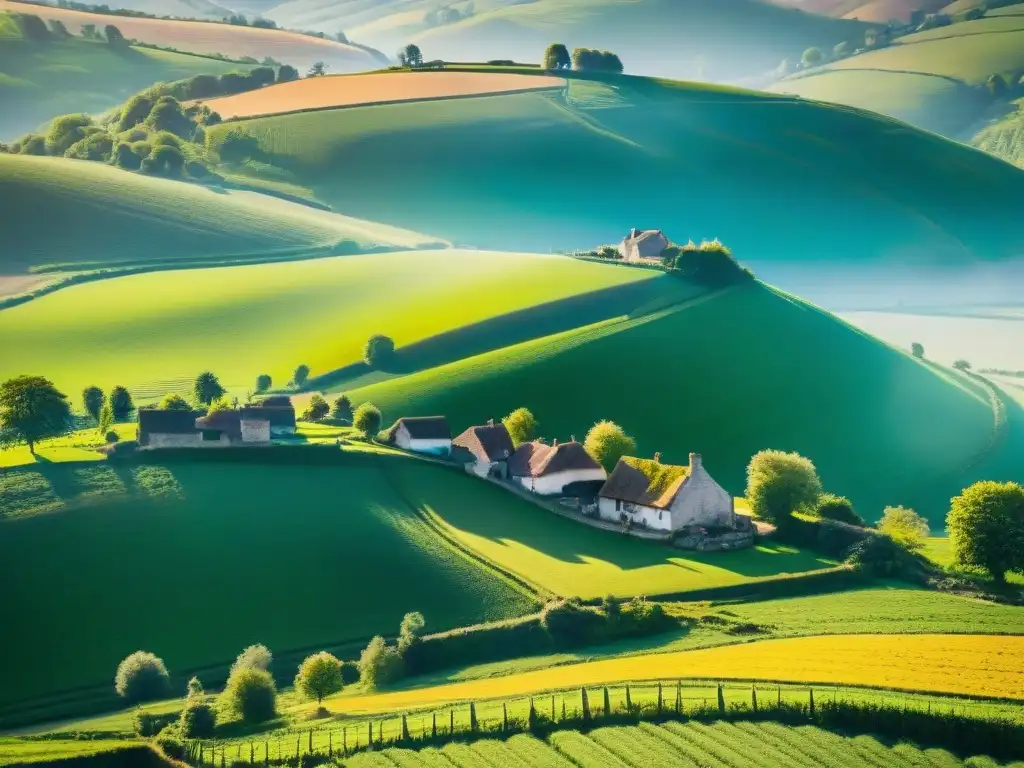 Idílico atardecer en Normandía, cuna del Camembert, con verdes prados, vacas pastando y encantadoras granjas lecheras