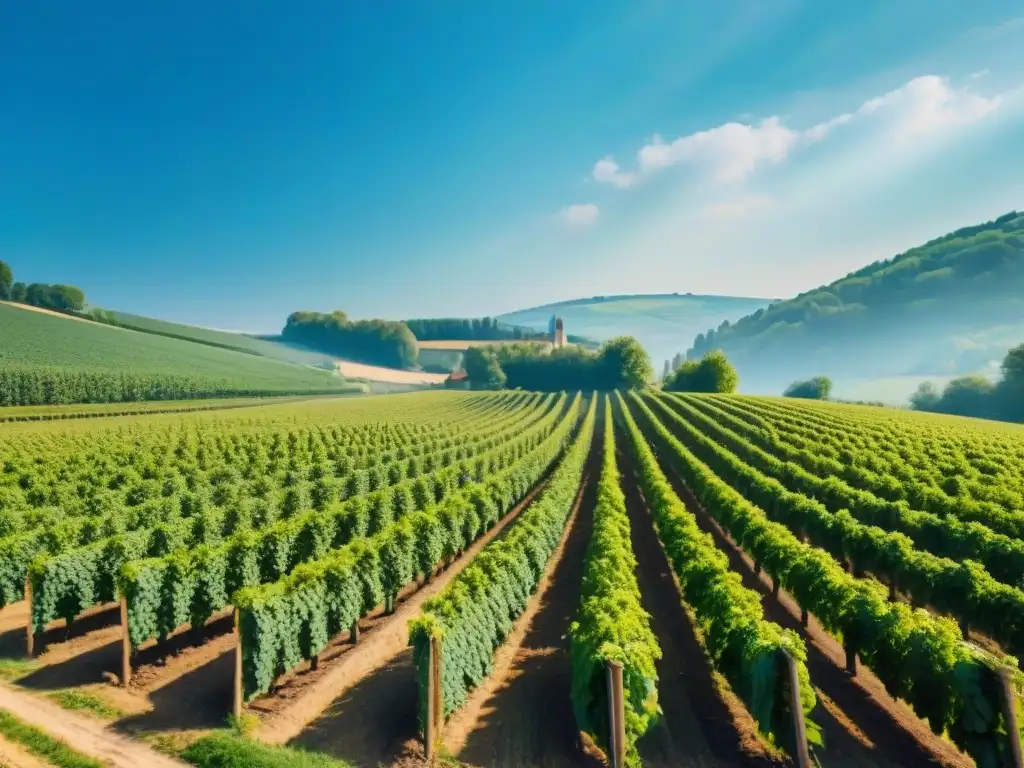 Un idílico campo de lúpulo orgánico en Francia, donde agricultores cuidan meticulosamente las plantas