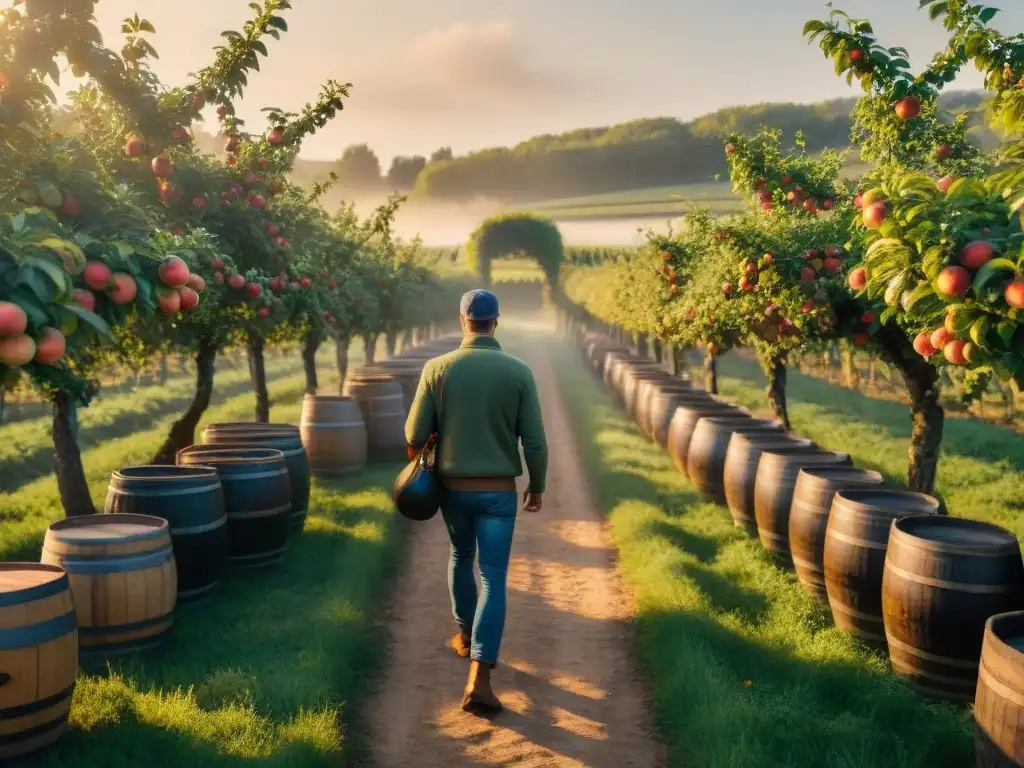 Un idílico huerto en la campiña francesa con manzanos cargados de fruta madura y una bodega de sidra tradicional al fondo