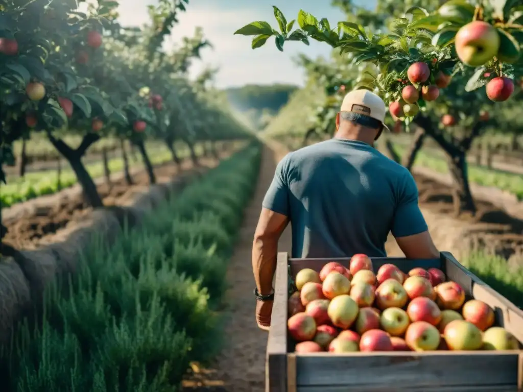 Un idílico huerto en la campiña francesa con manzanos cargados de frutas coloridas, reflejando la tradición de la sidra francesa