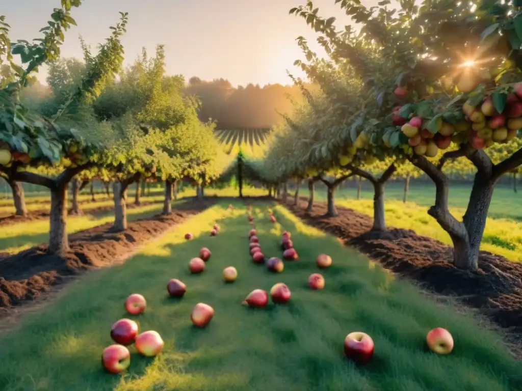 Un idílico huerto francés al atardecer, con manzanos cargados de fruta madura, prensa de sidra y casa de campo