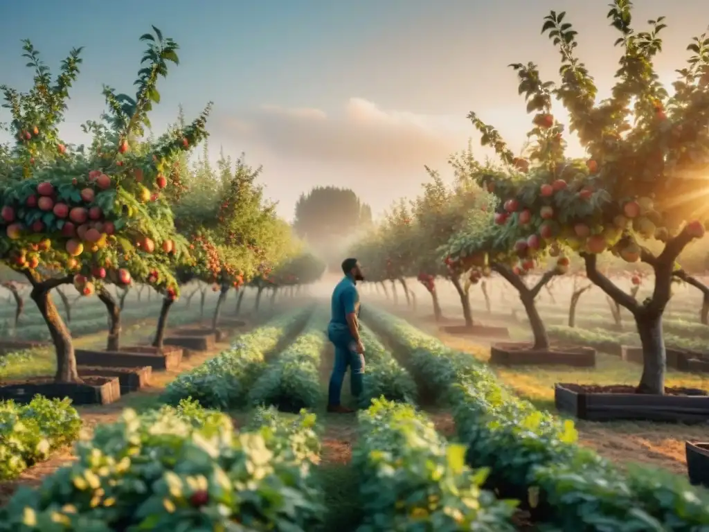 Un idílico huerto francés al atardecer, con manzanos cargados de fruta, una bodega de madera y trabajadores recolectando manzanas