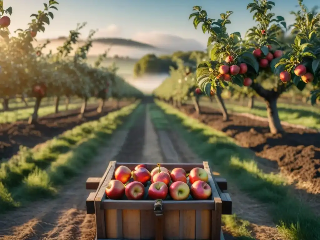 Un idílico huerto de manzanas en Francia al atardecer dorado con árboles cargados de fruta madura y una prensa de sidra de madera en primer plano