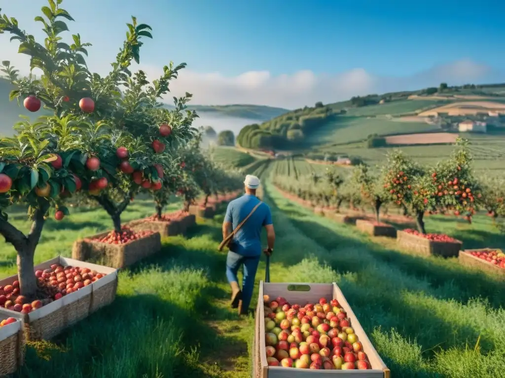 Un idílico huerto de manzanas en la campiña francesa durante la cosecha de la sidra, donde agricultores locales recolectan con esmero