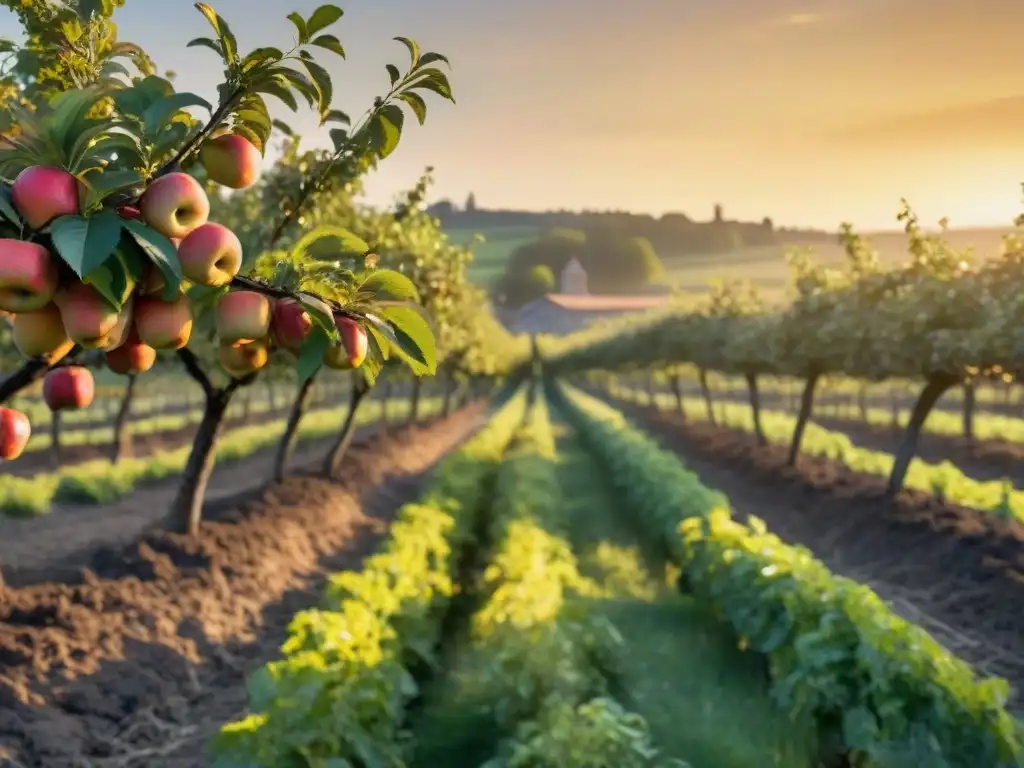 Un idílico huerto de manzanas francés al atardecer, con árboles cargados de frutas maduras, prensa de sidra y granja de piedra