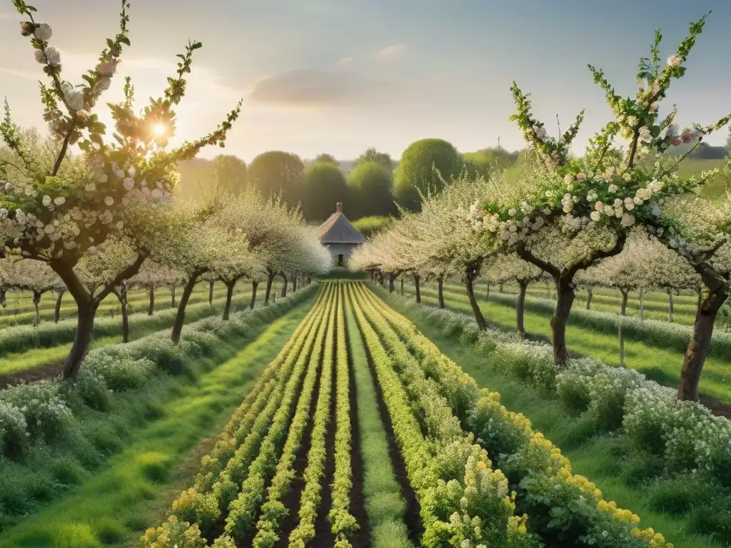 Un idílico huerto de manzanos en flor en Normandía con una granja al fondo, reflejando la esencia de la región