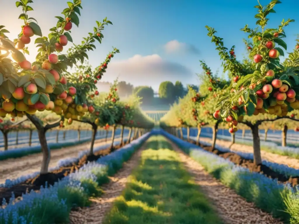 Un idílico huerto de manzanos en Francia con un cidery al fondo