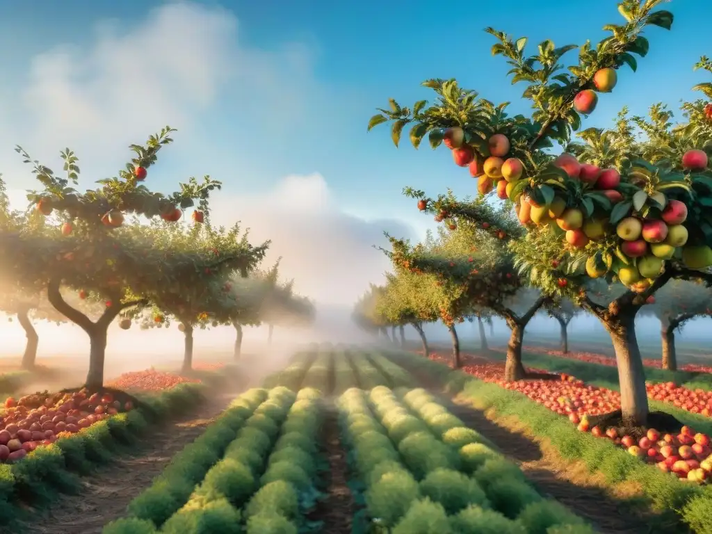 Un idílico huerto de manzanos en Normandía, con árboles cargados de manzanas maduras brillando al sol