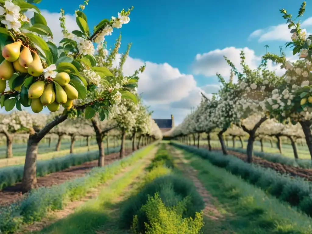 Un idílico huerto de peras en Normandía, con árboles frondosos cargados de fruta madura bajo un cielo azul