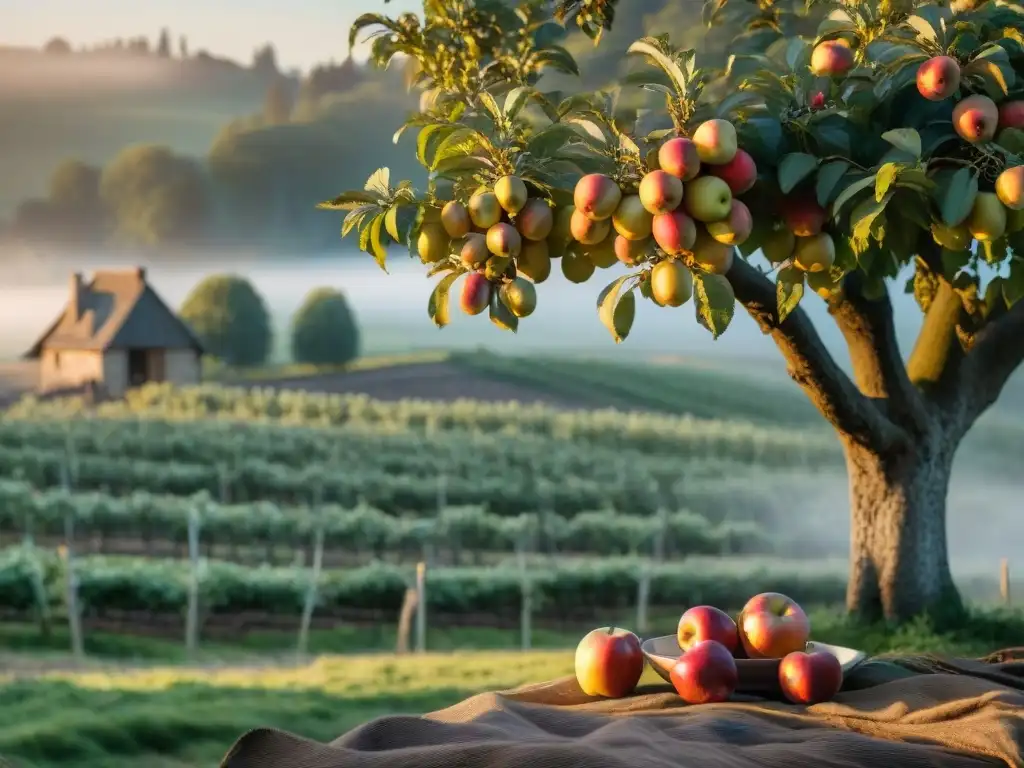 Un idílico huerto de sidra francés al atardecer, con manzanos cargados de fruta, una prensa rústica y una granja de piedra