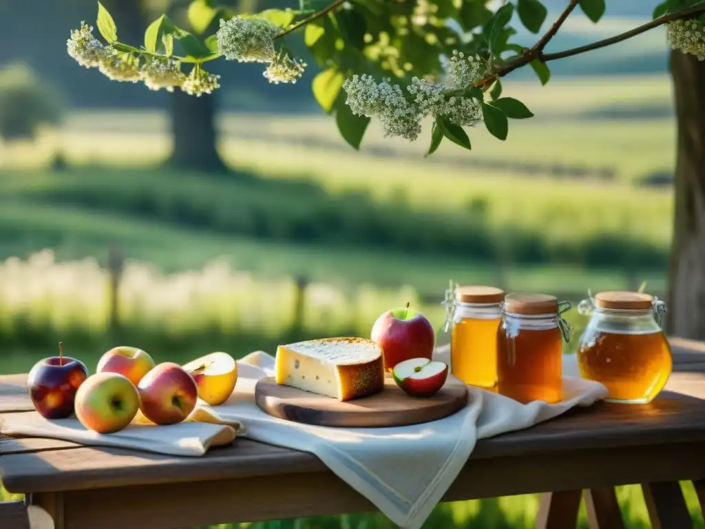 Un idílico maridaje de sidras francesas y comida en una escena campestre rústica