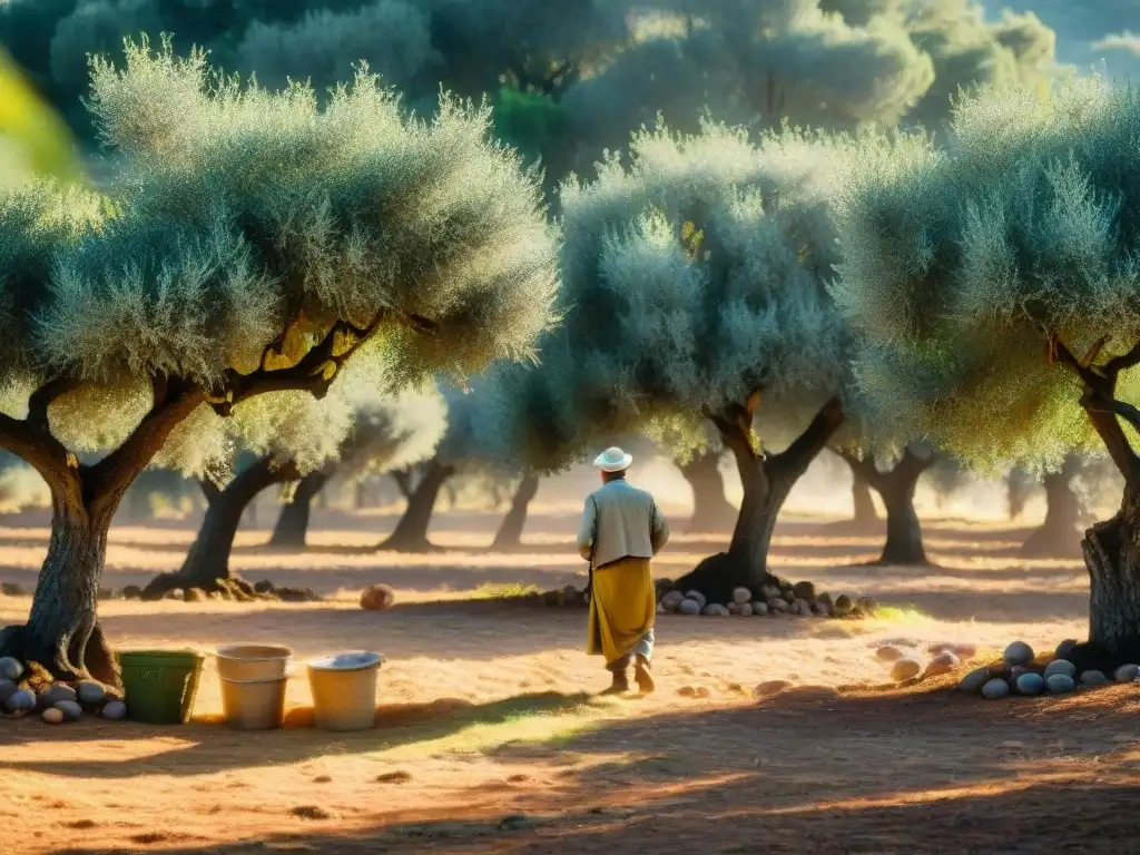 Un idílico olivar francés bañado por la luz dorada del sol, con olivos centenarios cargados de aceitunas maduras