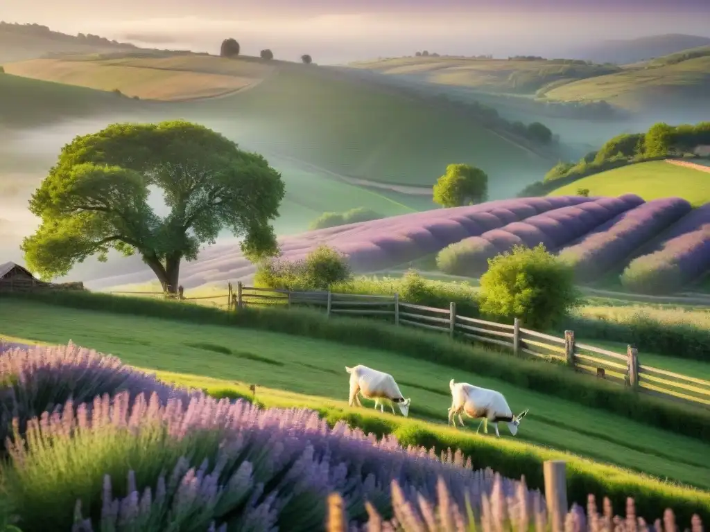 Un idílico paisaje francés con granja de cabras tradicional y cercado de madera con lavanda en flor