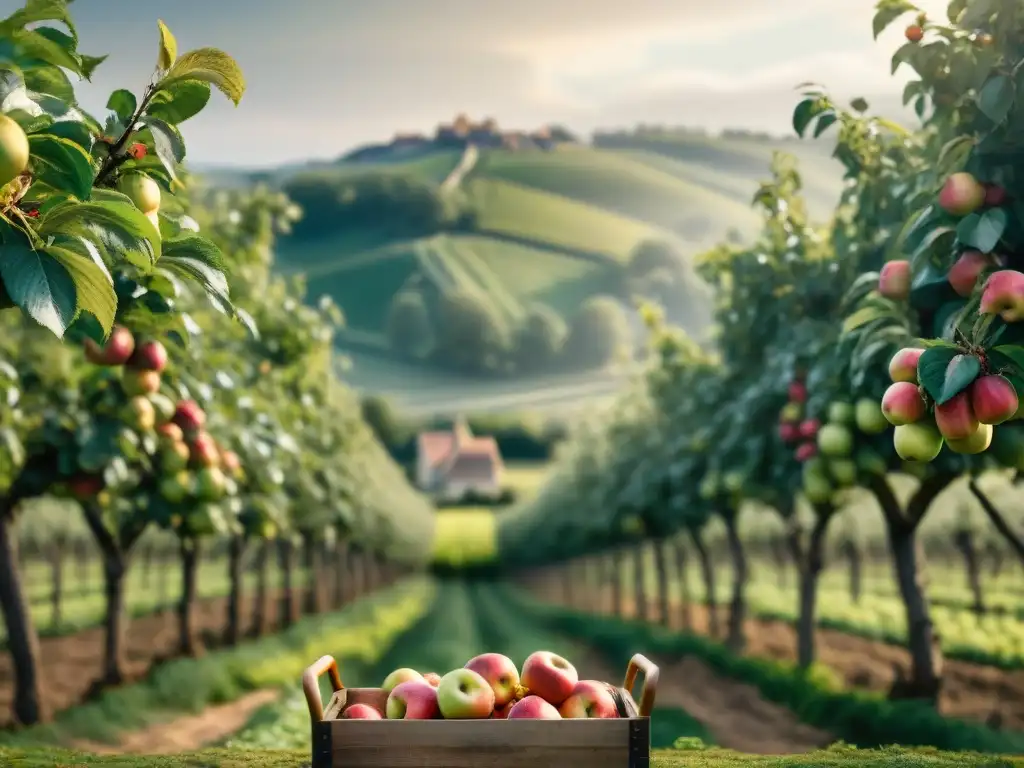 Cidery tradicional: cosecha de manzanas francesas para ciders sin alcohol Un idílico paisaje francés con huertos de manzanas y una cidrería tradicional, capturando la esencia de las Sidras francesas sin alcohol