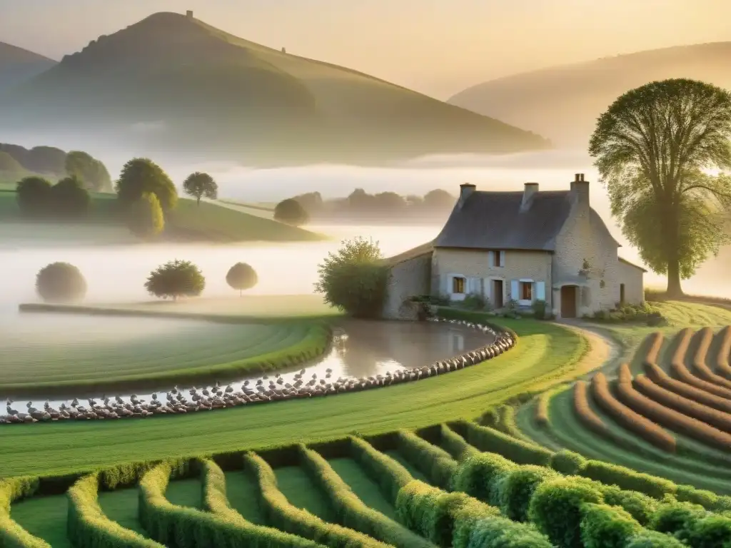 Idílico paisaje francés al amanecer con patos en un prado verde