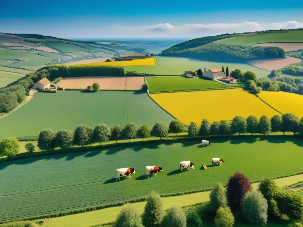 Un idílico paisaje francés con vacas pastando en armonía, reflejando la producción sostenible de queso en Francia