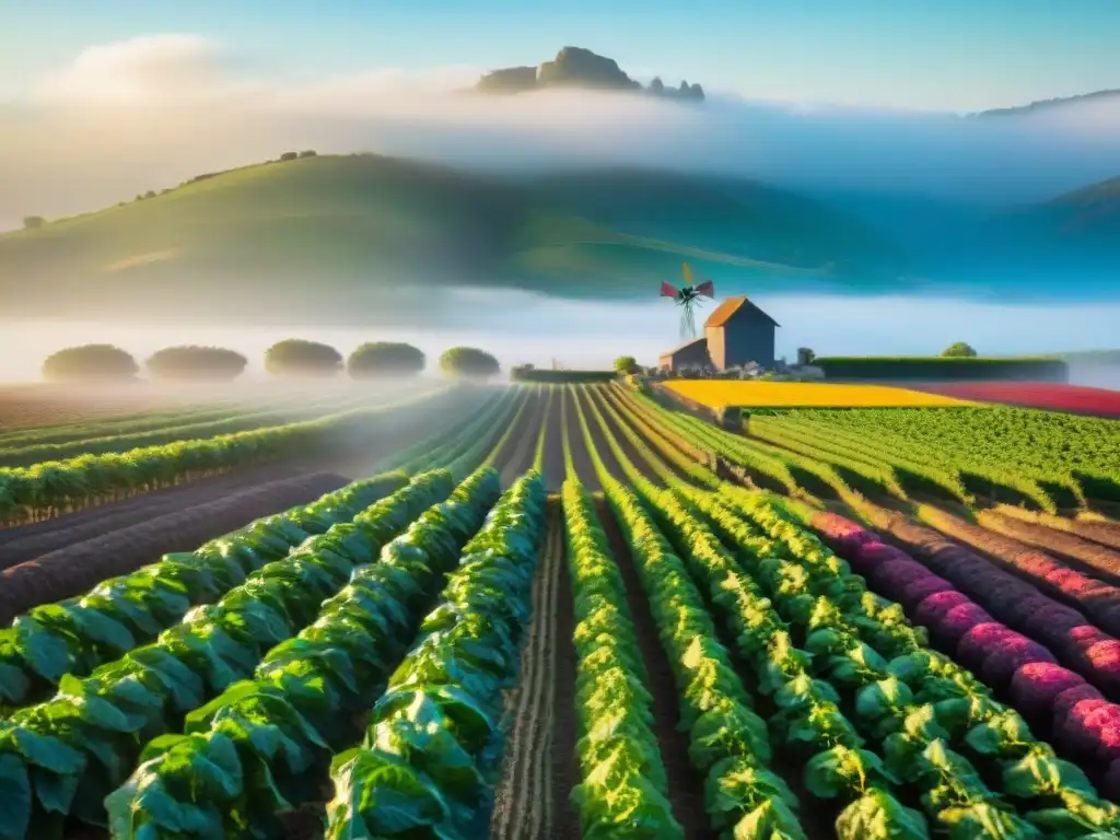 Un idílico paisaje de una granja orgánica francesa con campos de cultivos coloridos y granjeros cosechando bajo el sol dorado