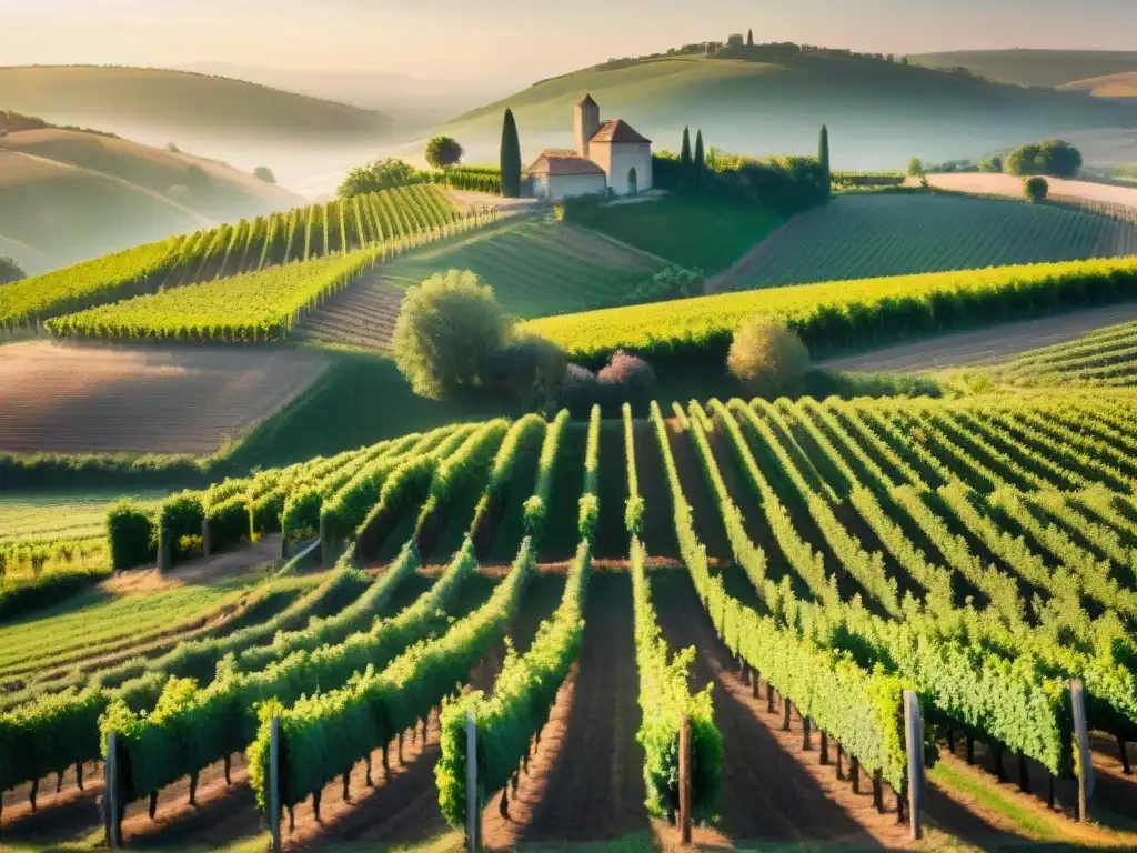 Un idílico viñedo francés al atardecer, con trabajadores cosechando uvas y una bodega de piedra