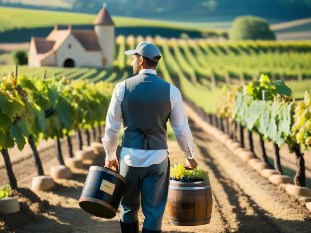 Un idílico viñedo en la campiña francesa, donde se practica la vinificación sostenible en gastronomía francesa