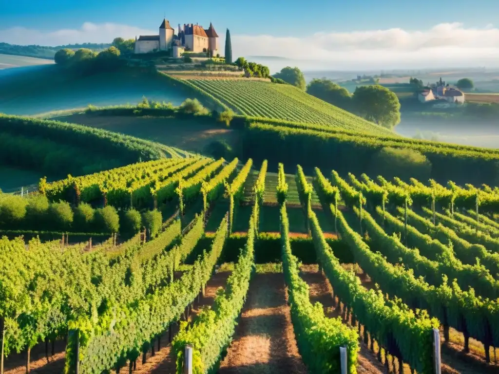 Un idílico viñedo en la campiña francesa con trabajadores, chateau y vides bajo el cielo azul