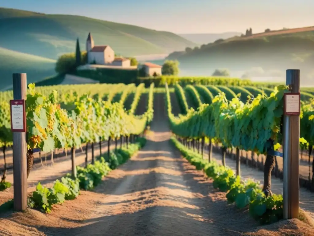 Un idílico viñedo en la campiña francesa al atardecer, con vides exuberantes y una bodega boutique