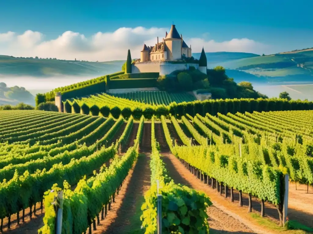 Idílico viñedo en Francia con filas verdes de uvas, un château histórico y trabajadores en Châteaux en Rutas del Vino