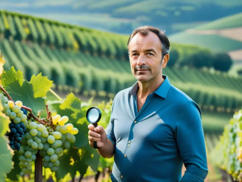 Imagen de agricultor francés en viñedos de Borgoña, inspeccionando uvas con lupa, dedicado a la sostenibilidad en viticultura