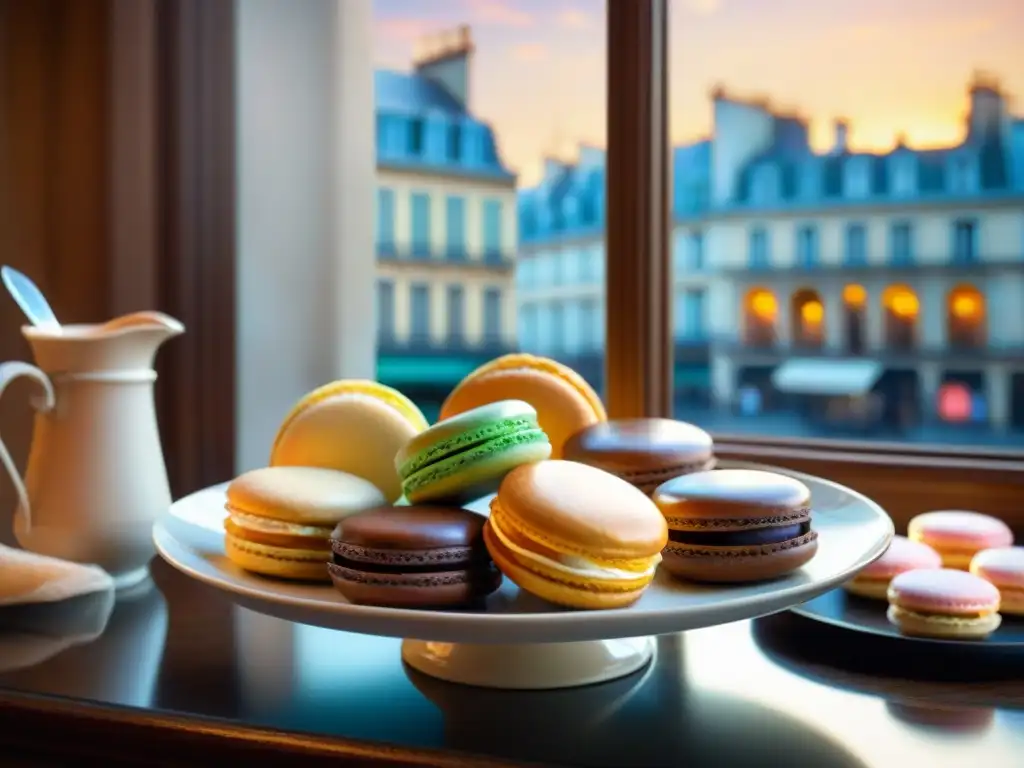 Una imagen de alta resolución que muestra una exquisita variedad de pasteles franceses en un elegante café parisino